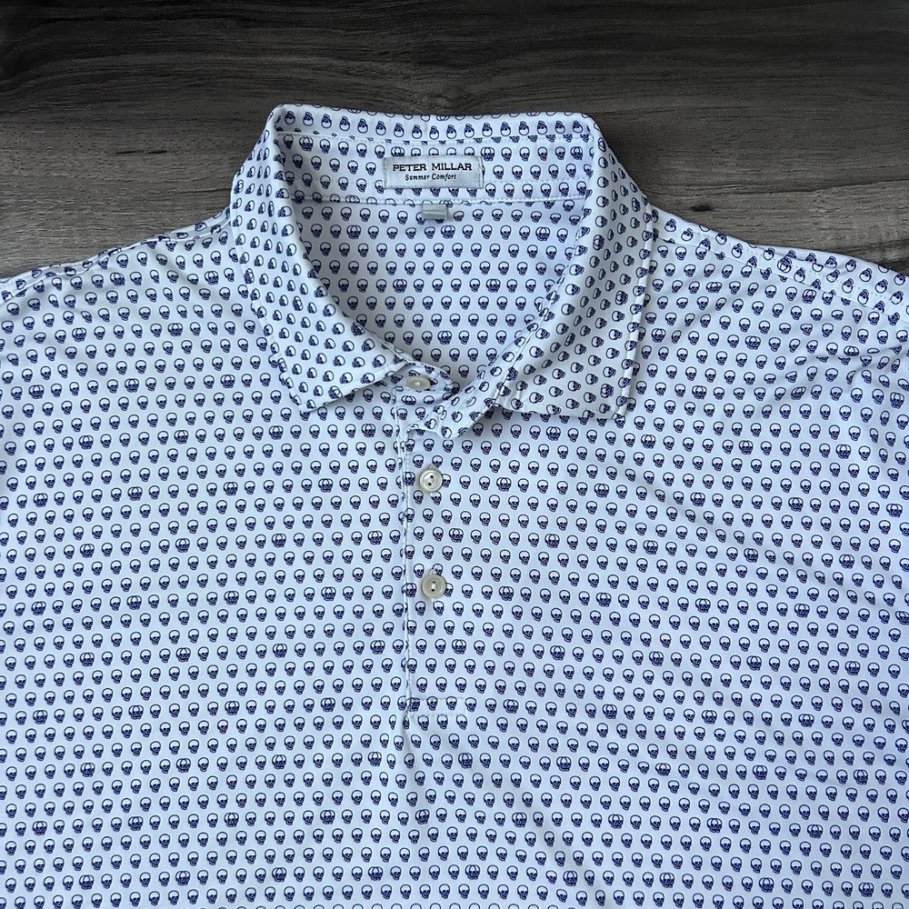 Peter Millar Polo Shirt Summer Comfort Desert Willow Golf Skulls Large White